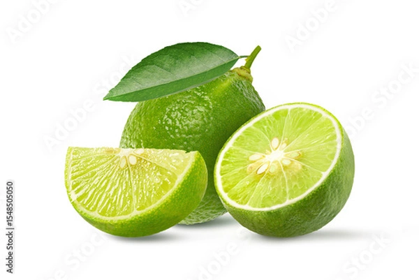 Obraz Lime fruit with cut in half and leaves isolated on white background.