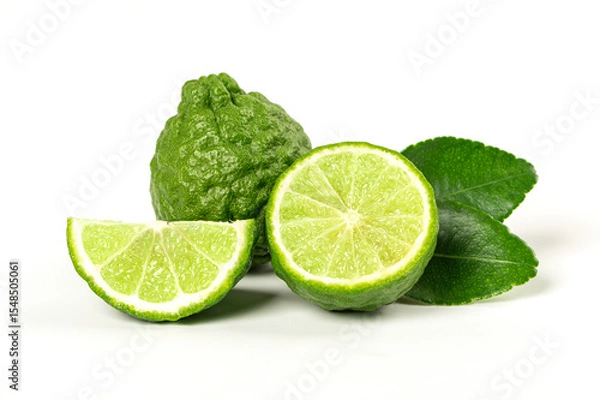 Obraz Bergamot fruits with cut in half and leaves isolated on white background.