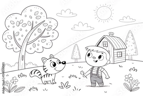 Obraz Cartoon illustration of a cheerful boy interacting with a playful striped cat in a whimsical outdoor setting with trees, flowers, and a cozy house under a bright sun