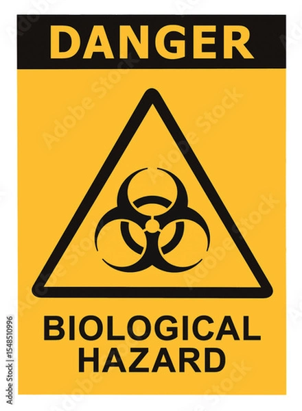 Obraz Yellow biological health hazard danger warning sign, large detailed isolated vertical contamination biohazard triangle icon symbol label macro closeup, black biohaz threat alert safety text sticker