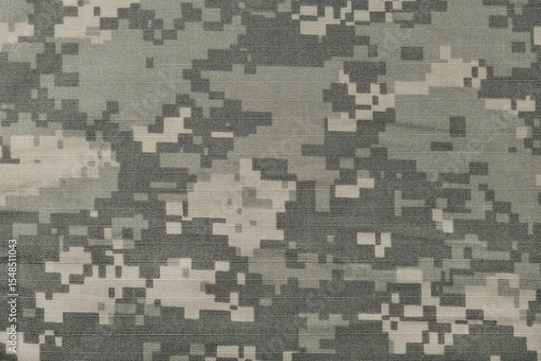 Obraz Universal camouflage pattern army combat uniform digital camo, US military ACU UCP closeup, horizontal natural ripstop fabric background, crumpled foliage green desert sand tan, urban grey NYCO swatch