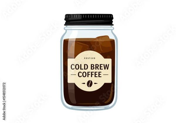 Obraz Cold brew coffee in a mason jar with ice and a black lid