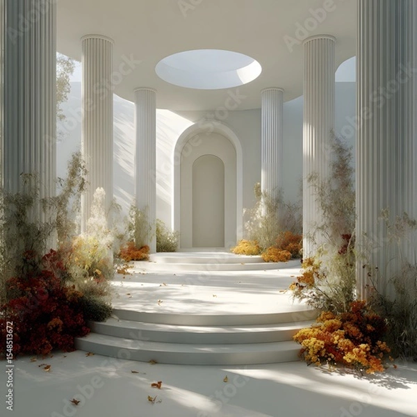 Fototapeta A minimalist, sunlit space with a stairway and floral arrangements.