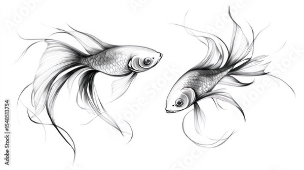 Fototapeta Two elegantly sketched fish swim in opposite directions with long flowing fins/tails