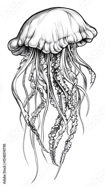 Fototapeta Detailed drawing of a jellyfish with flowing tentacles, in black and white ink