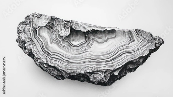 Fototapeta Black & white tree bark fragment showing growth rings against a white background
