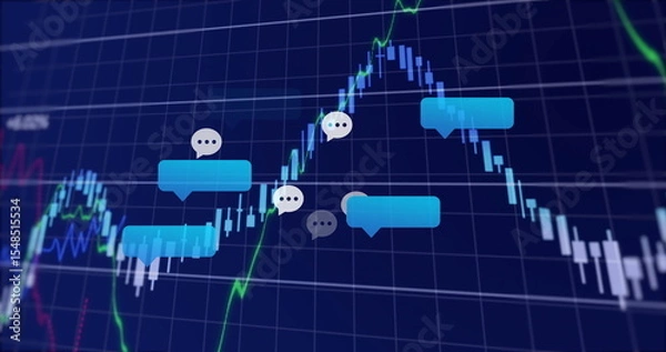 Fototapeta Displaying cyan speech bubbles with ellipsis in trading grid showing candlesticks, neon line graphs