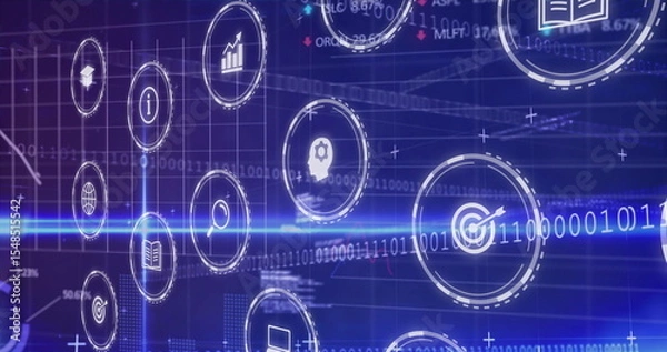 Obraz Displaying circular icons moving across blue interface backdrop, with binary grid and light beam