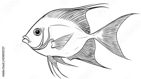 Fototapeta Hand-drawn tropical fish with flowing fins and intricate lines, side view, on white
