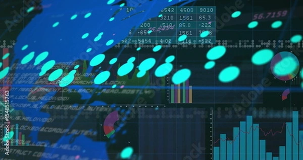Fototapeta Displaying turquoise data points over dark interface, showing code, tables, charts, world map