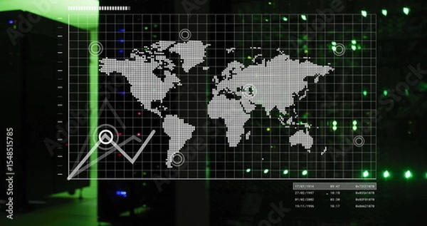 Fototapeta Displaying world map overlay showing markers in data center, with line chart and LED-lit cabinets
