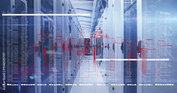 Fototapeta Walking technician navigating aisle between server racks, with floating data and schematic overlays