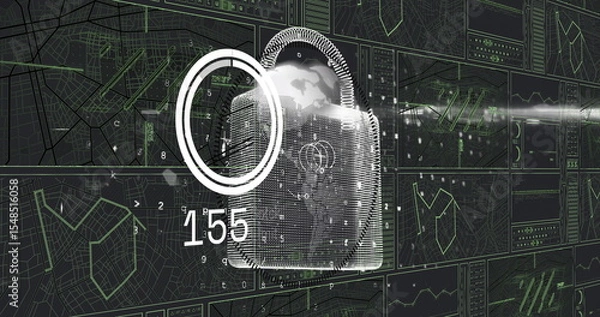 Fototapeta Hovering pixelated padlock icon overlaying virtual security dashboard, showing globe and map grids