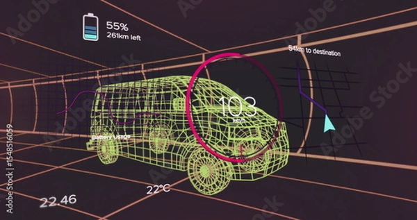 Fototapeta Displaying 3D van moving through digital tunnel showing battery speedometer navigation temp or time