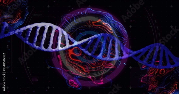 Obraz Screen showing glowing DNA helix on digital display, with HUD overlays, contour and grid markers