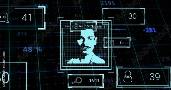 Obraz Scanning pixelated male silhouette undergoing biometric scan on UI grid with nested detection boxes