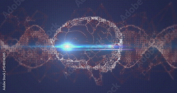Obraz Radiating glowing brain silhouette emitting blue flare in digital interface, with circuits and DNA