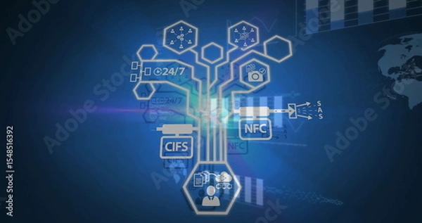 Obraz Central network tree branching upward on digital screen, with user silhouette and CIFS NFC nodes