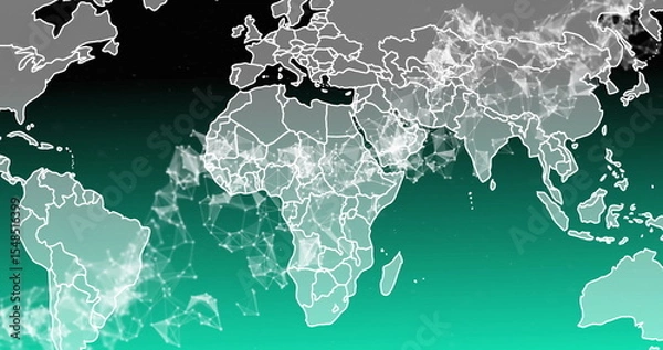 Fototapeta Displaying digital map showing white continent outlines over green-black gradient with mesh nodes