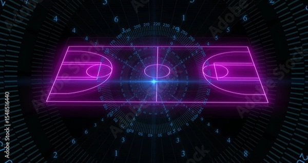 Fototapeta Rotating neon purple basketball court schematic on HUD, with radial grid lines and degree markings