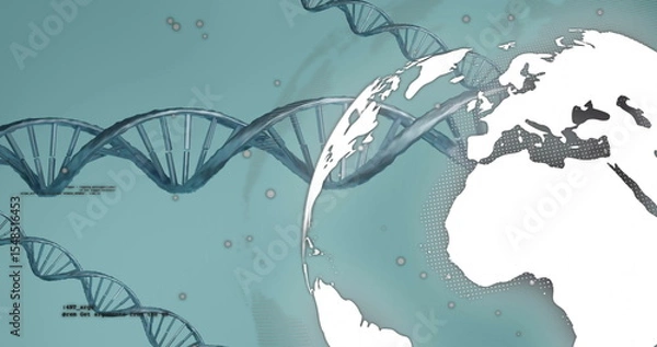 Obraz Displaying DNA double helix strands across teal, with globe silhouette, code snippets and particles