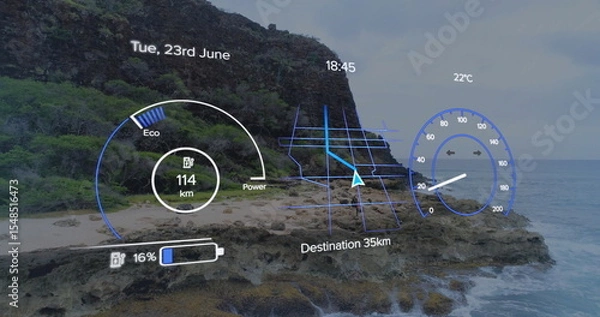 Obraz Displaying HUD overlay on coastal shore, with Eco gauge, 35 km destination, battery and speed