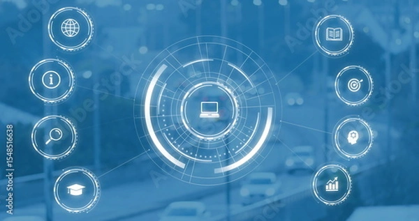 Fototapeta Floating HUD interface over blurred multi-lane highway, with laptop icon and educational tech icons