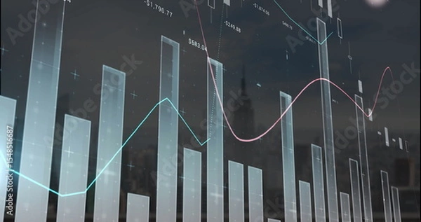 Fototapeta Displaying digital financial bars and trend lines over dusk skyline, with dollar labels plus nodes