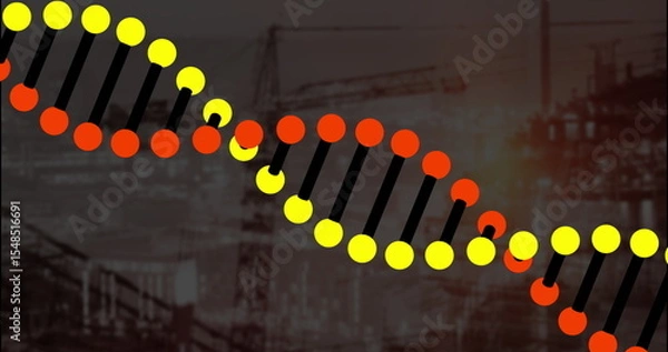 Obraz Stylized DNA helix floating above urban construction site, with cranes and scaffolding frameworks