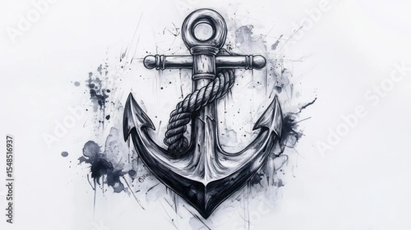 Fototapeta Nautical anchor with a rope, on a textured white background with dark ink splatters