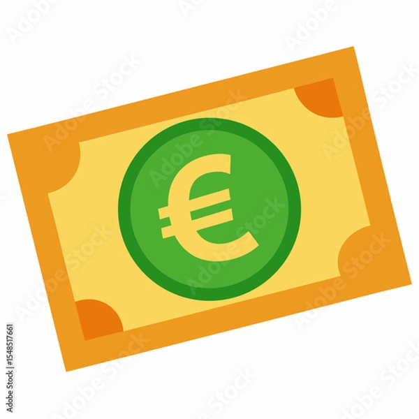 Fototapeta Stylized Cartoon Illustration of a Euro Banknote Featuring a Green Euro Symbol Coin on a Yellow Bill with Orange Accents Isolated on a White Background