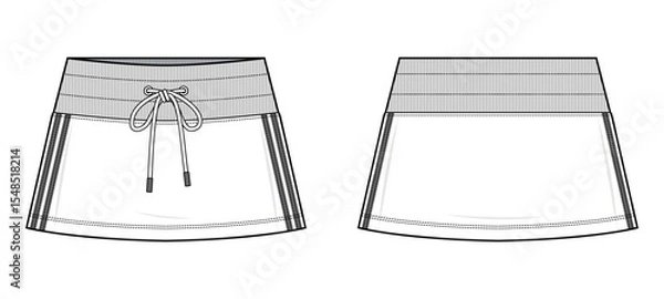 Fototapeta Contrast Trim Mini Skirt Technical Fashion Illustration. Drawstring Waistband Skirt Vector Template. Front and Back View. Athleisure Bottomwear. CAD Mockup set.