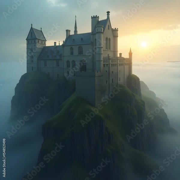 Fototapeta A mist-covered Gothic castle perched on a rocky cliff at twilight.

