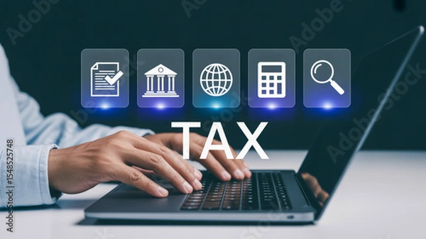 Fototapeta Corporate Business Image Typing Hands on Dark Laptop with Floating Blue Digital Symbols and ‘TAX’ Text Highlight