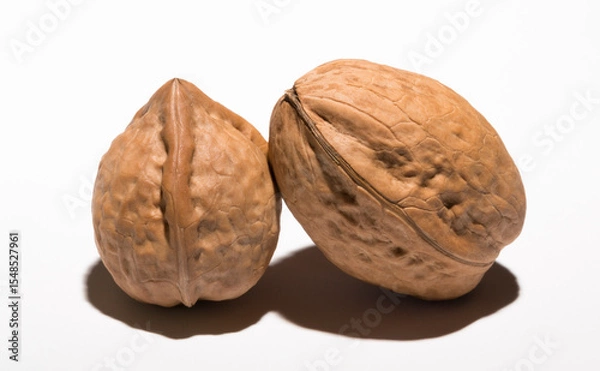 Fototapeta Two walnuts on a white background. The shell consists of three lobules.