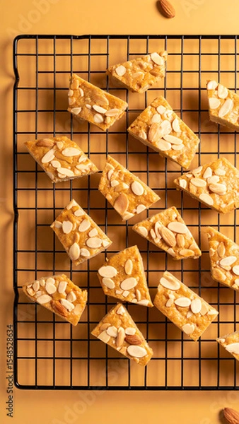 Fototapeta Delicious almond bars arranged neatly on a cooling rack, showcasing their golden-brown color and nutty topping.