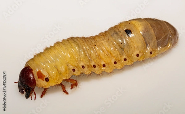 Fototapeta European rhinoceros beetle (Oryctes nasicornis) is a large flying beetle belonging to the subfamily Dynastinae. The insect larva is located on a white background before pupation.