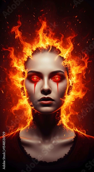 Obraz Fiery abstract art of a woman surrounded by flame-colored brushstrokes. Emotionally charged modern expressionism