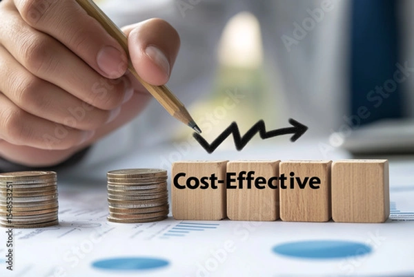 Fototapeta A businessman's hand is drawing an arrow pointing down on wooden blocks with the word Cost-Effective written in black, stacks of coins behind him. The background features blurry business documents