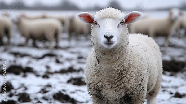 Fototapeta A curious white sheep stands out from its flock on a snow covered pasture in winter.