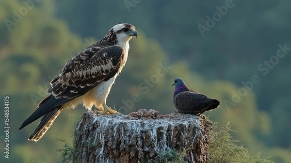 Fototapeta A stunning hawk stands perched atop a weathered tree stump alongside a perched colorful pigeon.