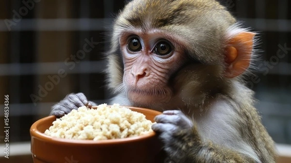 Fototapeta A young monkey with soulful eyes attentively holds a bowl full of food in its tiny hands.