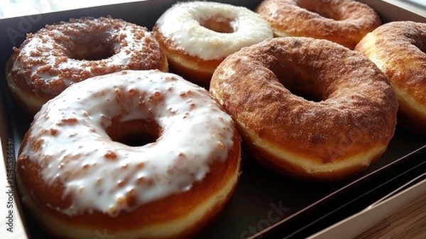 Fototapeta An appetizing assortment of glazed, sprinkled, and frosted donuts displayed in a box