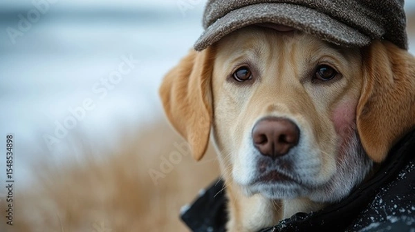 Fototapeta Close-up portrait of an old Golden Retriever wearing a tweed cap with soulful expression.