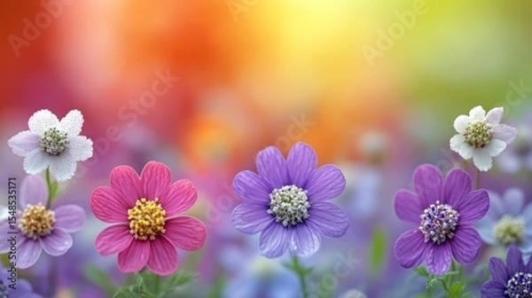 Fototapeta Five vibrant Ammi majus flowers in white, pink, and purple, with a soft colorful backdrop.
