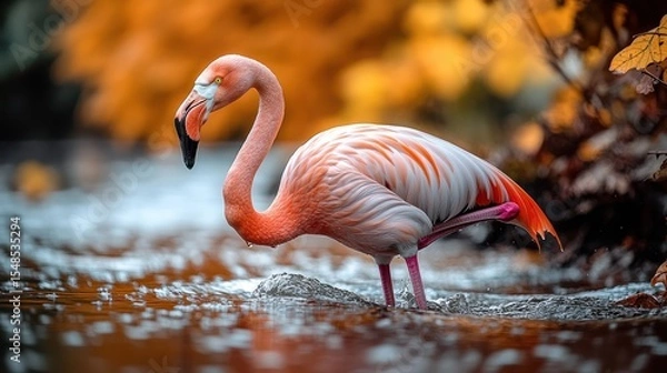 Fototapeta Graceful flamingo wading in shallow water with blurred autumn foliage creating a warm atmosphere.