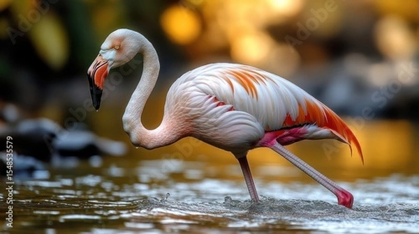 Fototapeta A striking flamingo stands gracefully wading in shallow water with warm, blurred background bokeh.