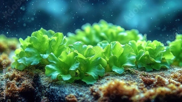 Fototapeta Lush green algae clusters thrive on a textured surface beneath sparkling blue water column.