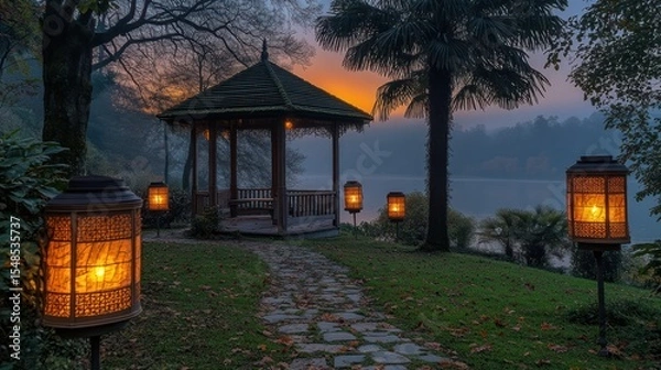Fototapeta Illuminated lanterns and a gazebo create a serene atmosphere near a misty lake at dusk.