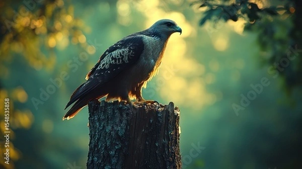 Fototapeta Majestic bird of prey perched on a weathered tree stump in soft, golden afternoon light.